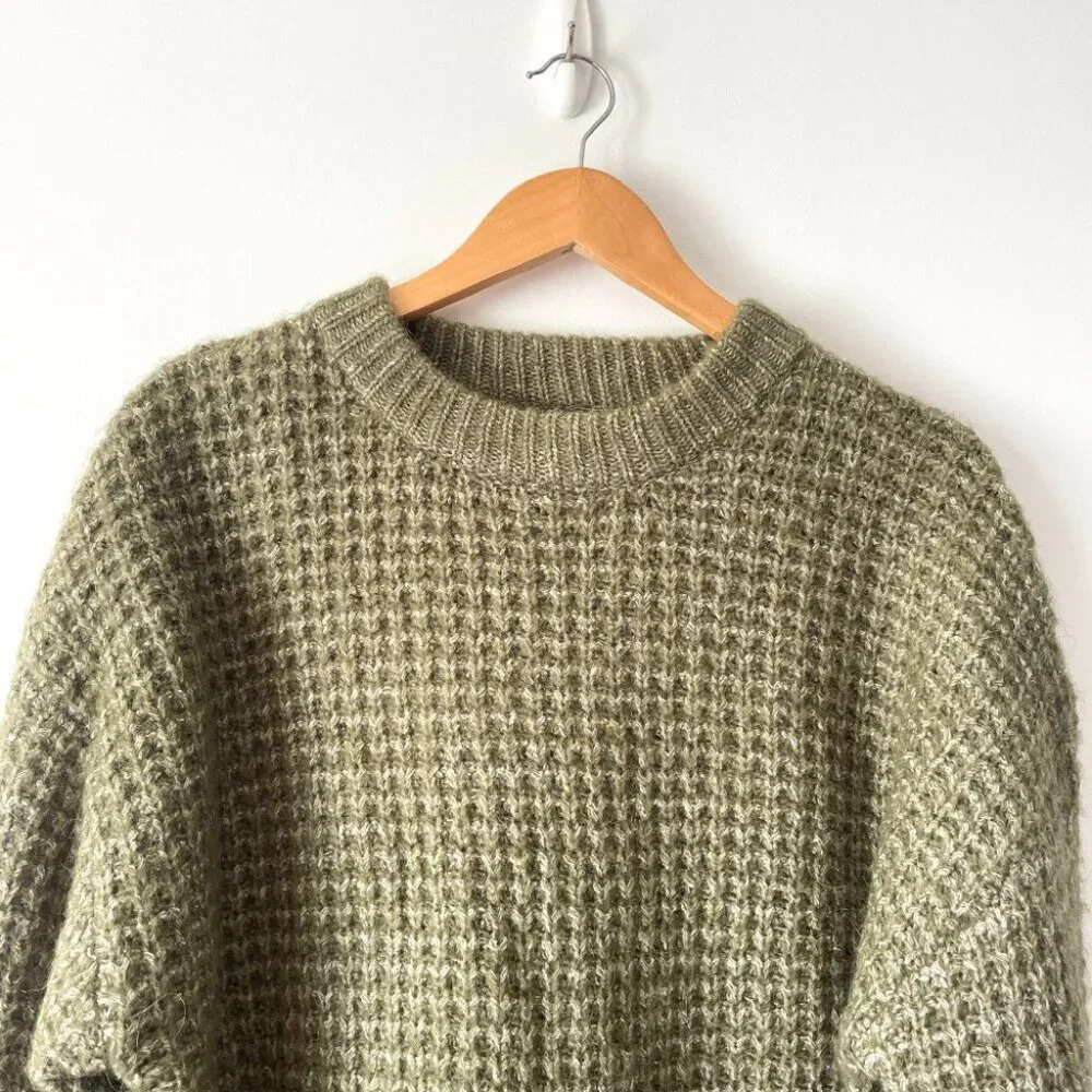 Zara Wool Alpaca Waffle Knit Crew Sweater  Green Size XL - Picture 3 of 7